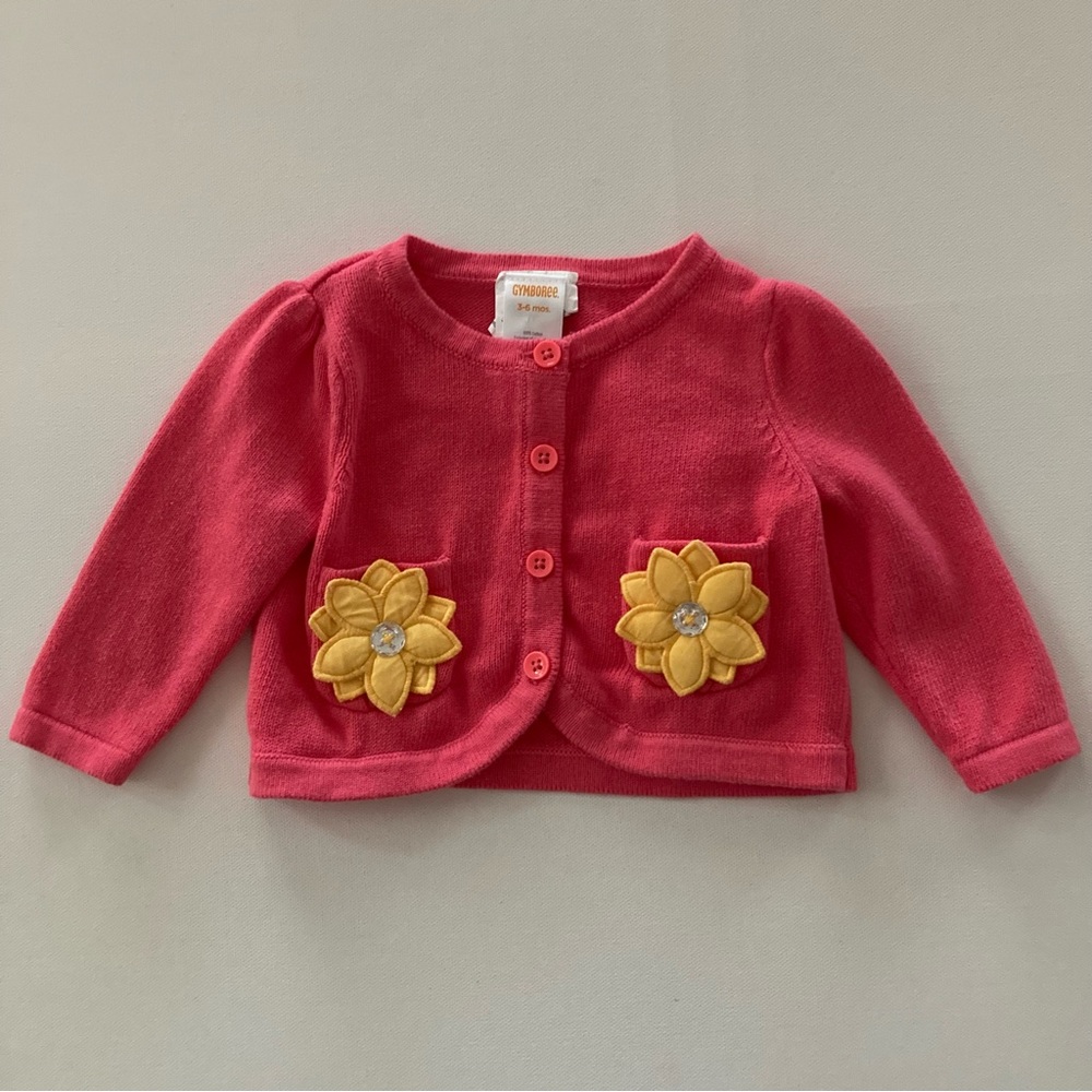 Gymboree Baby Girl 3-6 Months Pink Cardigan Sweater Yellow Flower